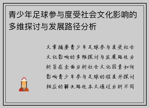 青少年足球参与度受社会文化影响的多维探讨与发展路径分析